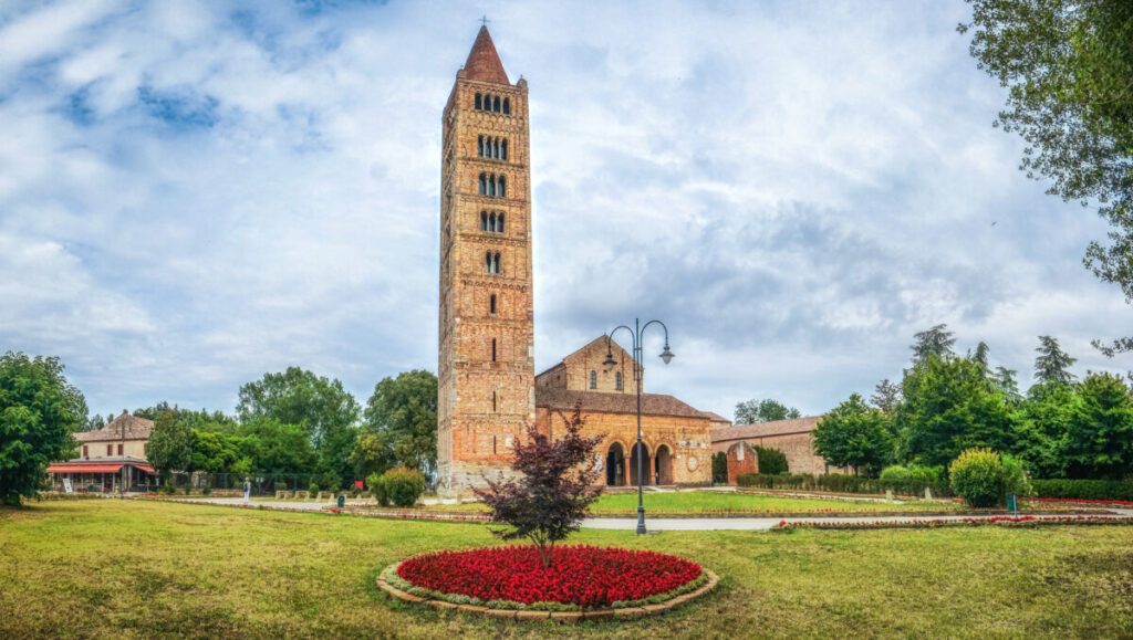 Panoramic view of historic Abbey of Pomposa, the world famous Benedictine monastery, Codigoro, Emilia-Romagna, Italy