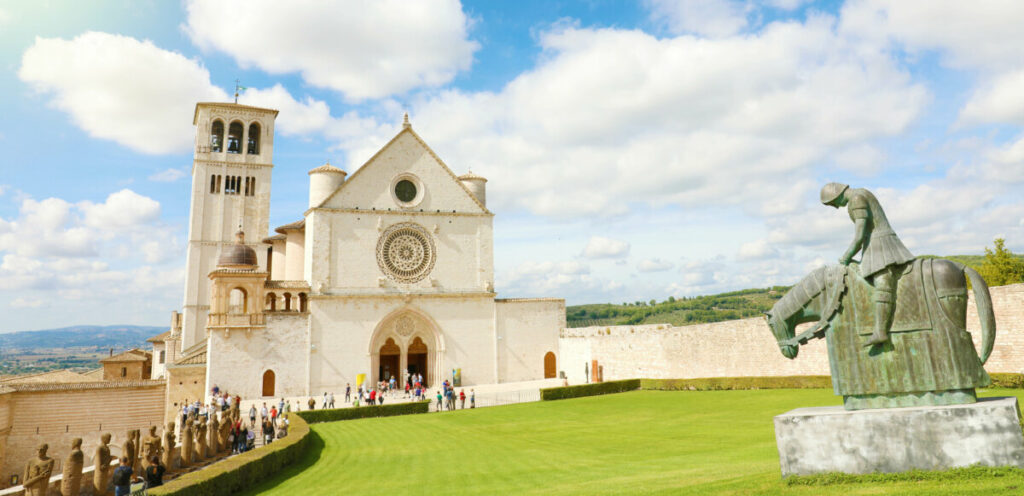 Panoramic view of famous Basilica of St. Francis of Assisi, Umbria, Italy. 