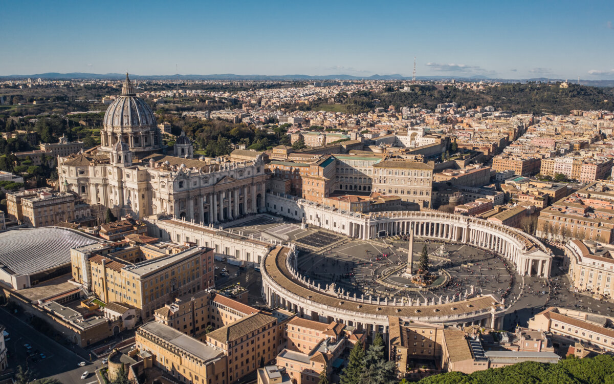 Aerial view of St. Peter's Basilica and St. Peter's Square with Christmas tree on it