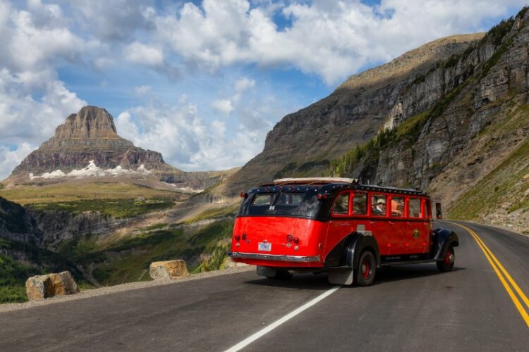 Tour Bus riding on a scenic road