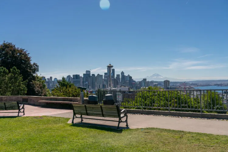 View of Downtown Seattle Space Needle from a bench in Kerry Park
