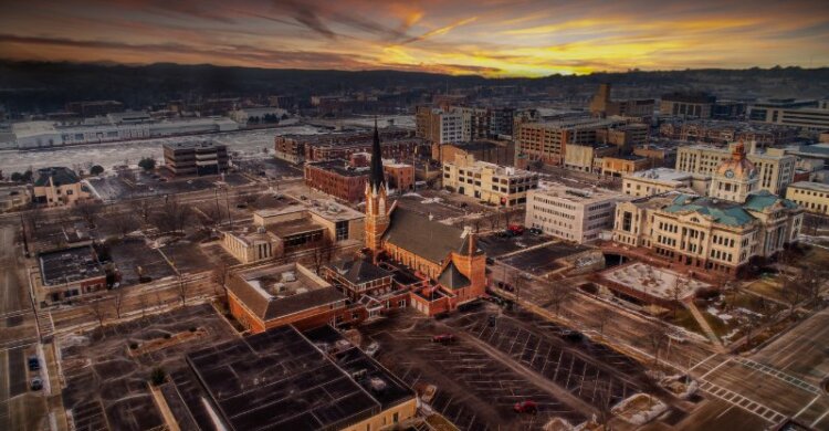 Aerial view of Green Bay during sunset