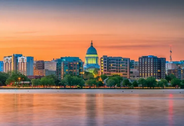 Skyline view of Madison, Wisconsin at dusk
