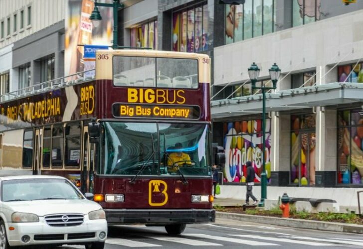 An empty double decker hop on hop off tour big bus was seen on a street