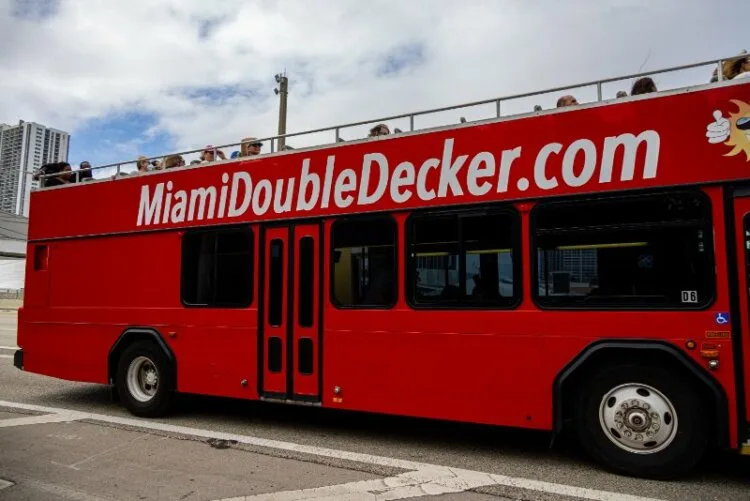 Closeup view of Miami Double Decker sightseeing bus