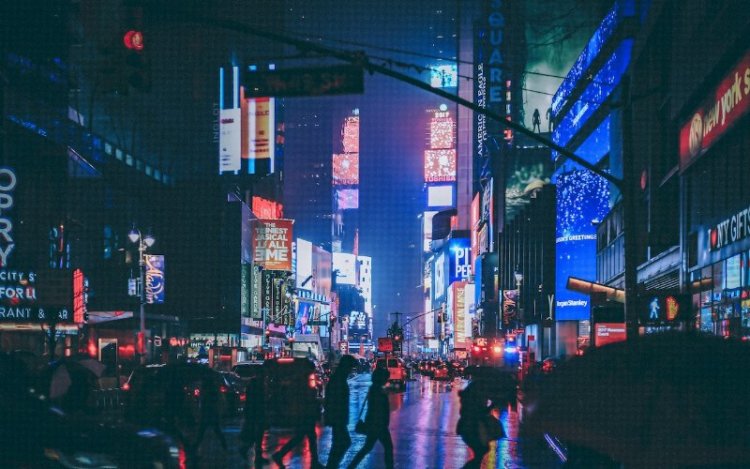 New York Crowd and Night Lights