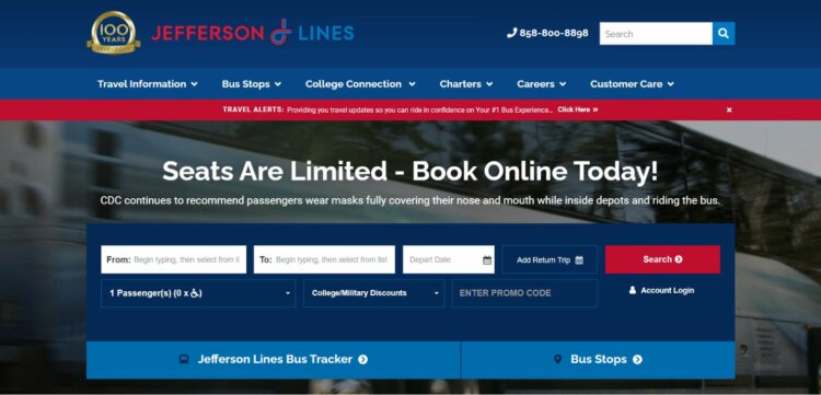 Jefferson Lines Website homepage