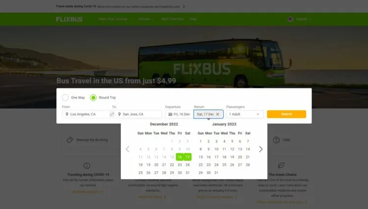 Calendar to select dates of Departure and Return