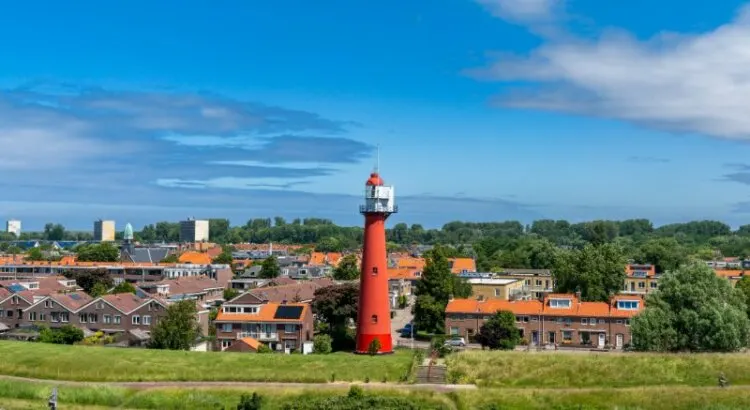 VIew of the lighthouse and village of Hoek van Holland