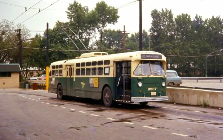 Trolley bus parked across the street