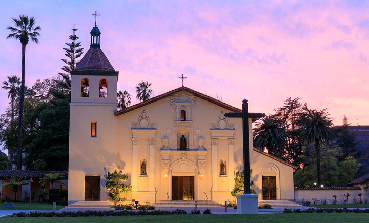 spanish colonial church with cross at Santa Barbara Mission