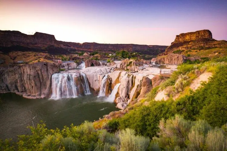 Colorful sunset and scenic panorama of Shoshone Falls, Twin Falls