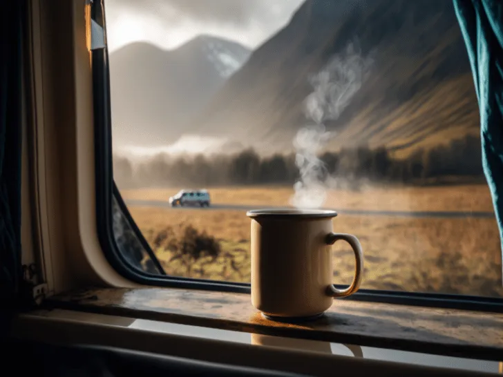 Cup of coffee inside a van