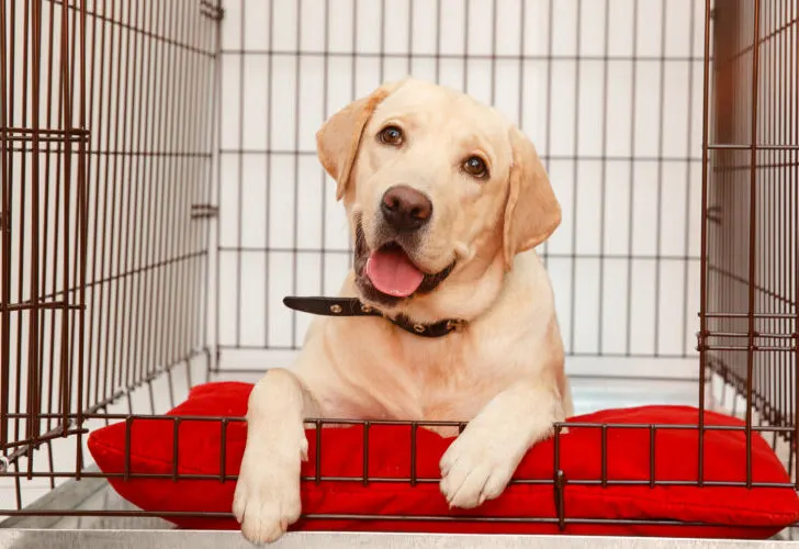 Dog in a cage with red pillow