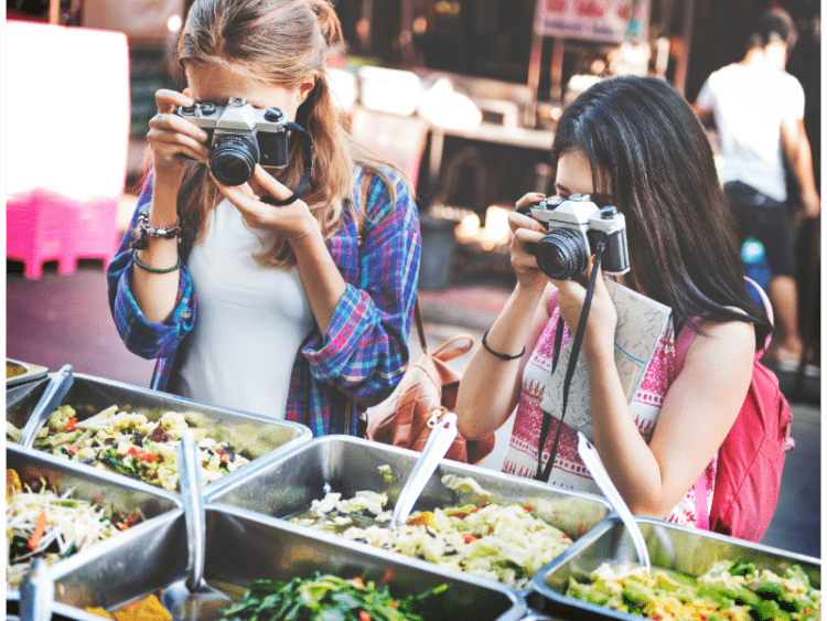 Girls taking photos of food