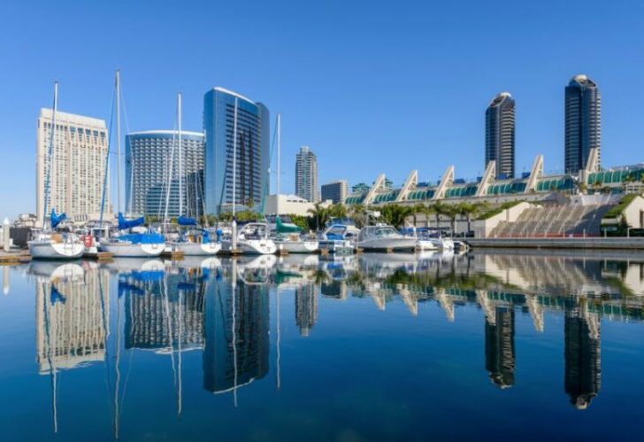 A panoramic morning view of San Diego Marina