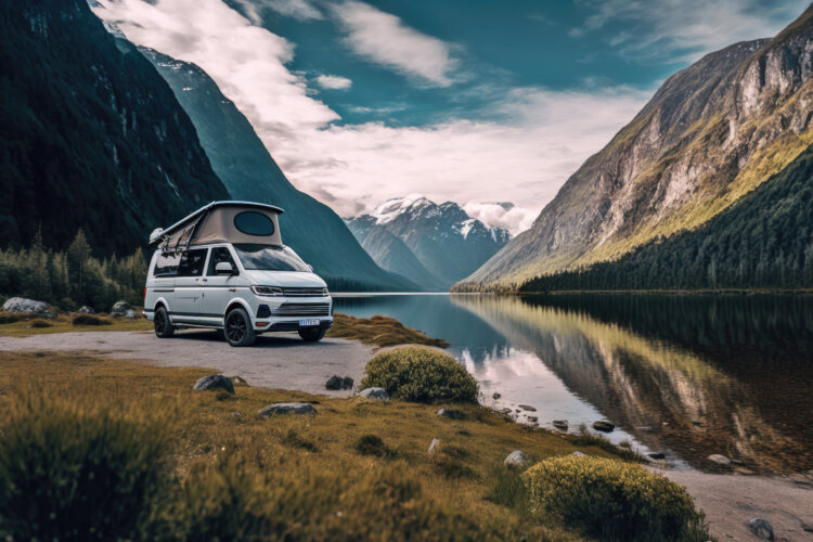Camper van parked near a lake and picturesque mountain view