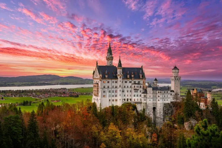 Famous Neuschwanstein castle in Germany during sunset