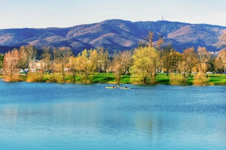 View of Jarun lake and Sljeme mountain in spring