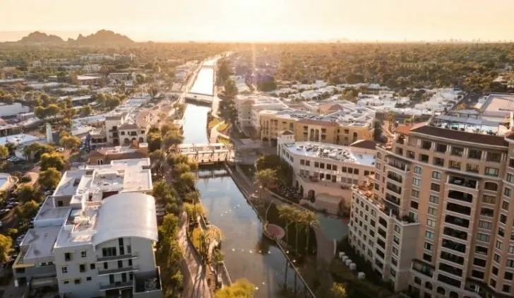 Sunset view of the Salt River Canal and downtown area of Scottsdale, Arizona
