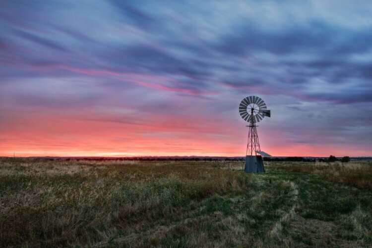 Sunset with windmill in Texas Hill Country