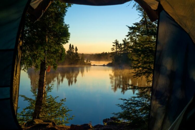 Lake view from an open tent