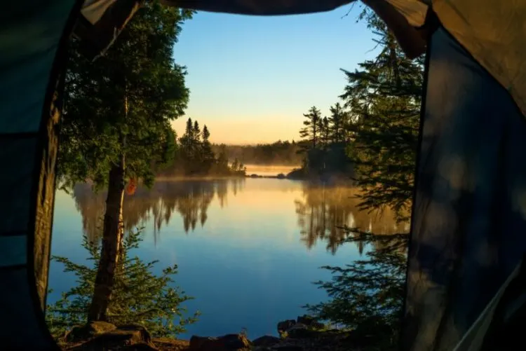 Lake view from an open tent