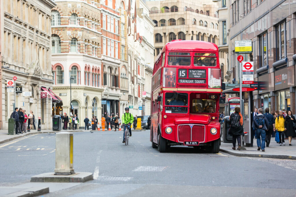 Famous red Double-Decker at Monument bus stop in London