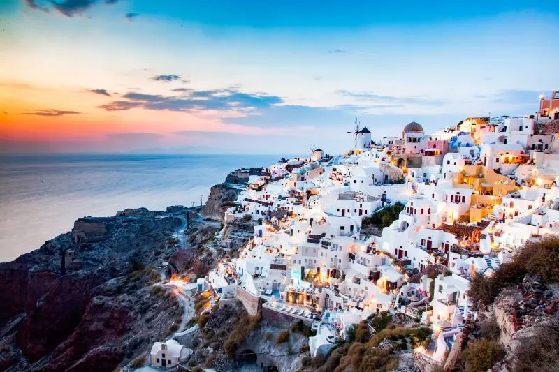 Amazing view of Oia town at sunset in Santorini, Cyclades islands Greece