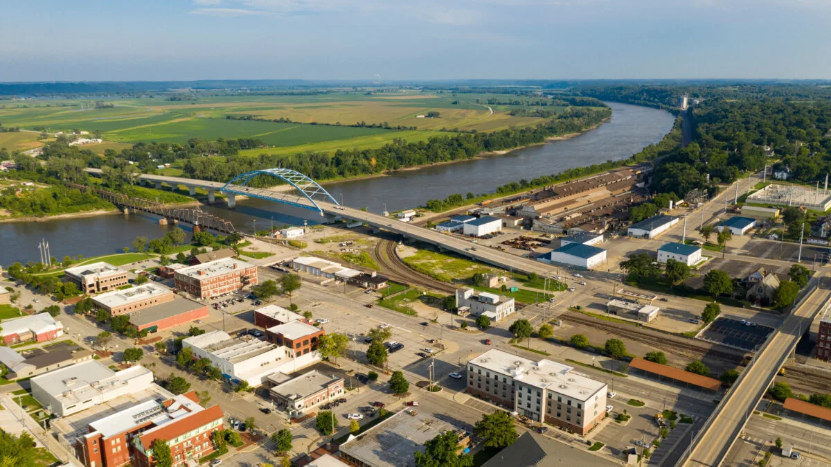 Aerial view looking at Utah Street highway 59 and the Missouri River in Atchison Kansas