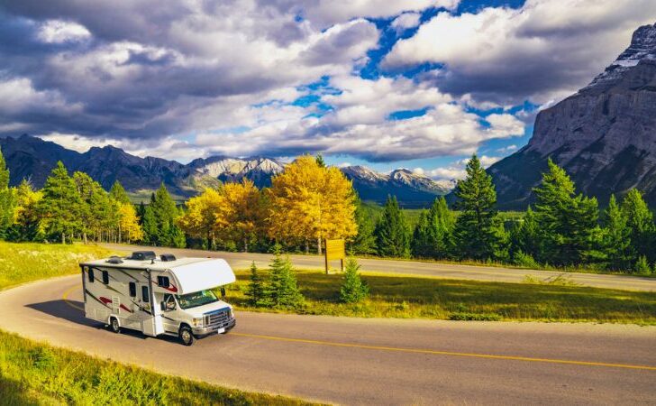 Autumn RV Motor home Camper On Scenic Highway