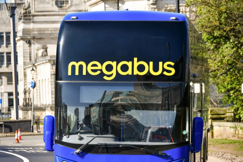 Head on view of a long distance express coach operated by Megabus
