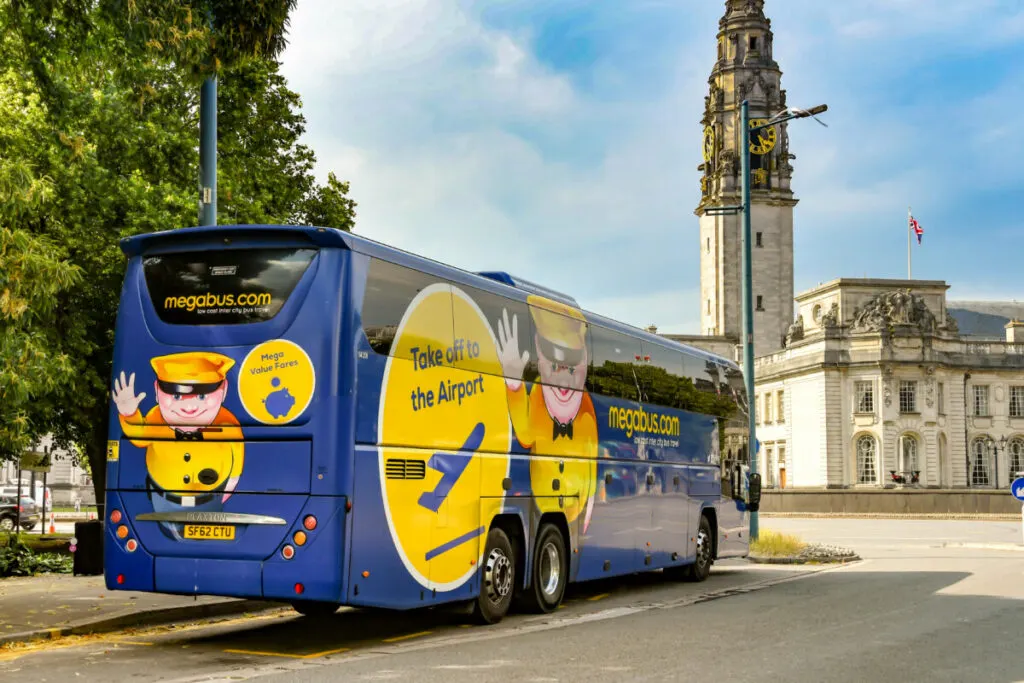 Megabus coach parked in a layby in Cardiff city centre waiting to depart for London.
