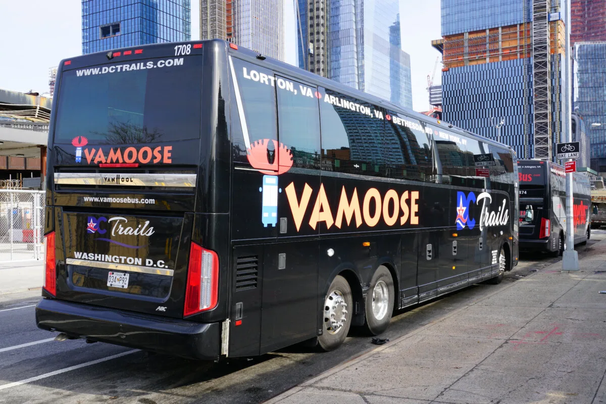 View of a Vamoose Bus in Manhattan. Vamoose is a private upscale bus company providing service between New York City and Washington DC