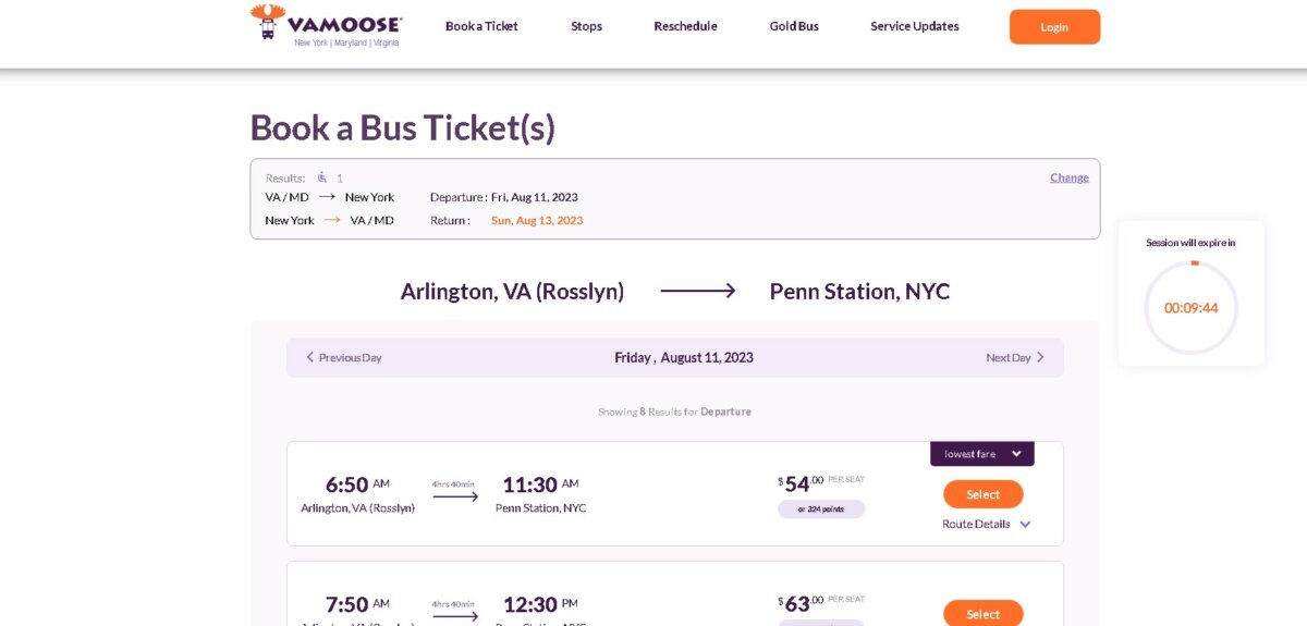 Sample Vamoose Bus Ticket Booking