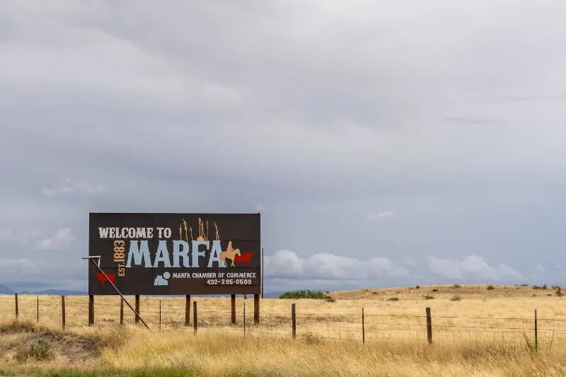 Welcome to Marfa sign on the side of the road