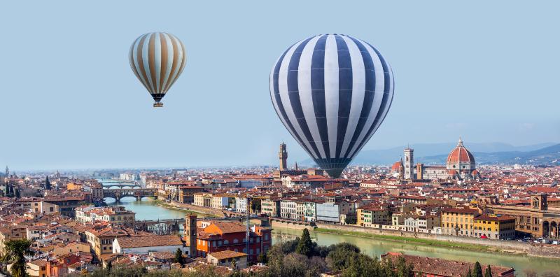 Panoramic view of Cathedral Santa Maria del Fiore with hot air balloon