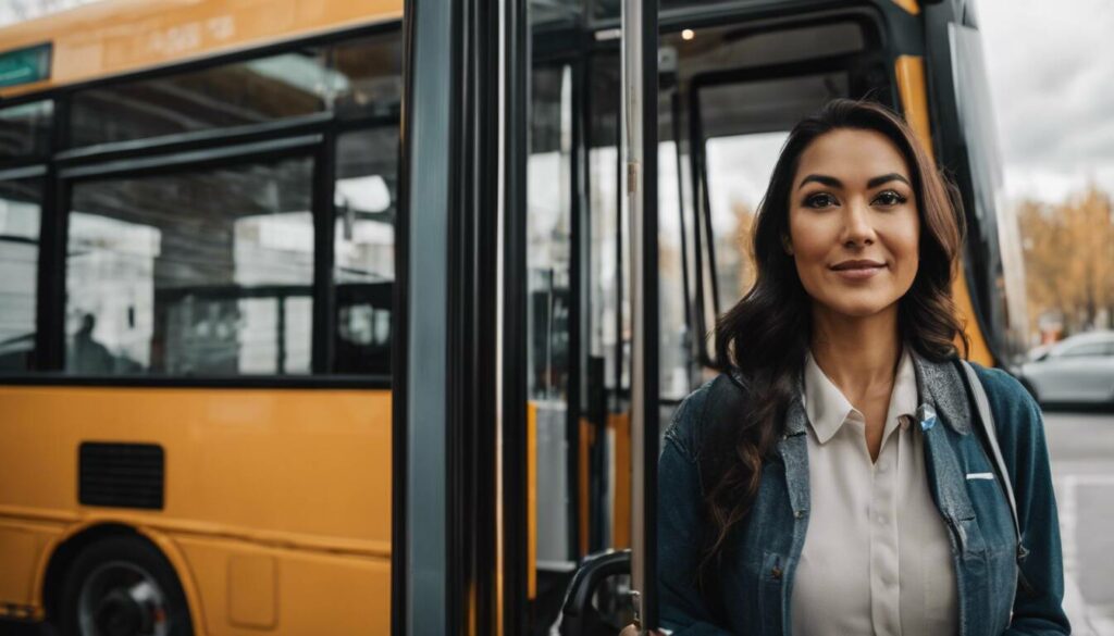 Woman smiling behind a bus