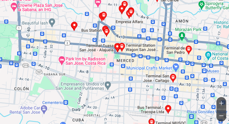 Map of bus terminals in San Jose Costa Rica