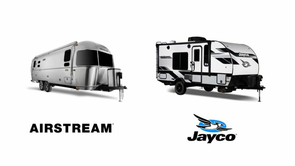 Airstream and Jayco travel trailers side by side for comparison