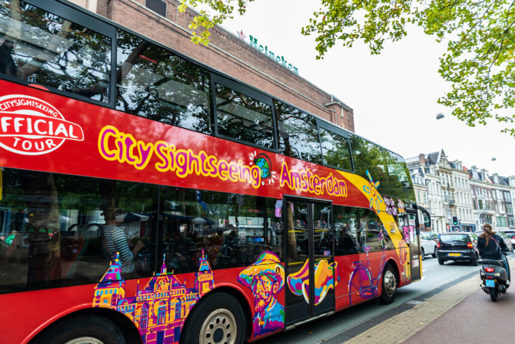 Close-up of a double decker tour bus in Amsterdam, Netherlands