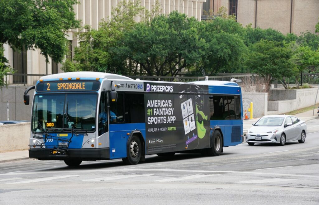 Public blue metro bus transit in Austin, Texas