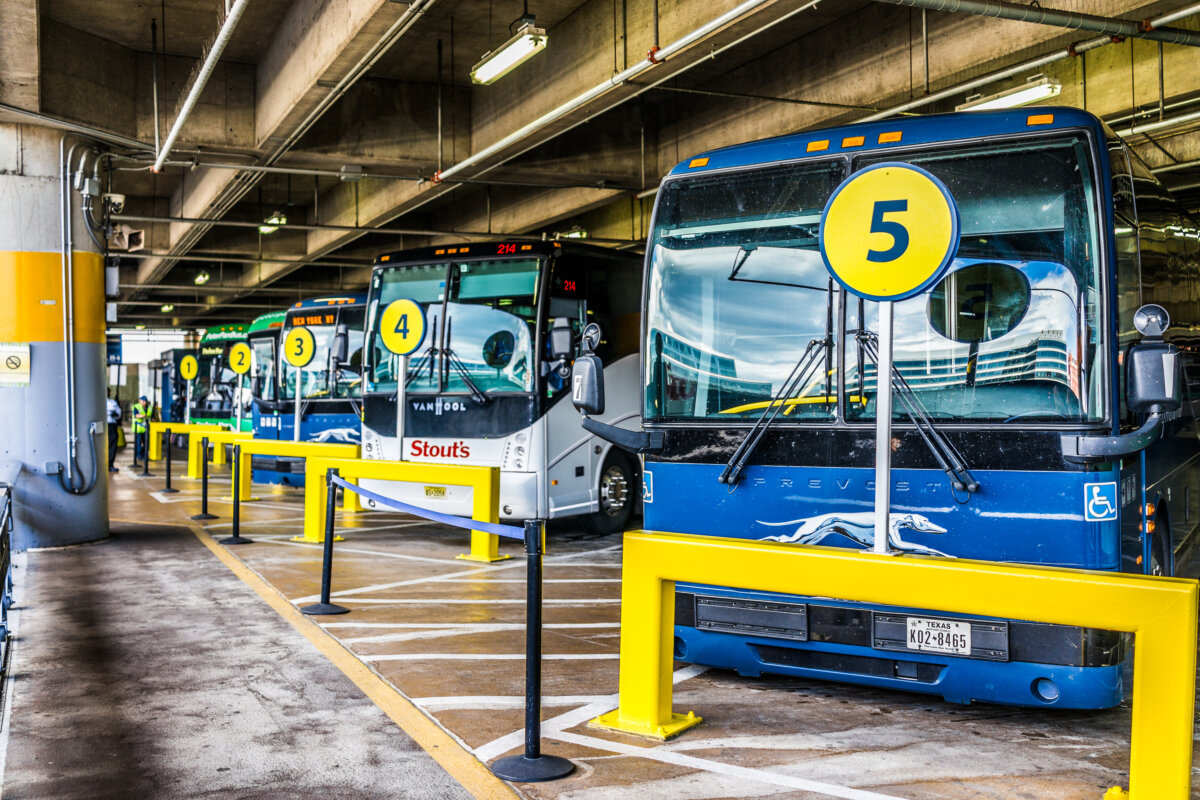 Greyhound buses and other rows of buses on a bus terminal