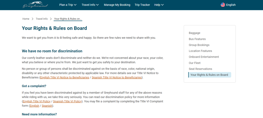 Screenshot of Greyhound's official Rights and Rules on Board page listing prohibited items