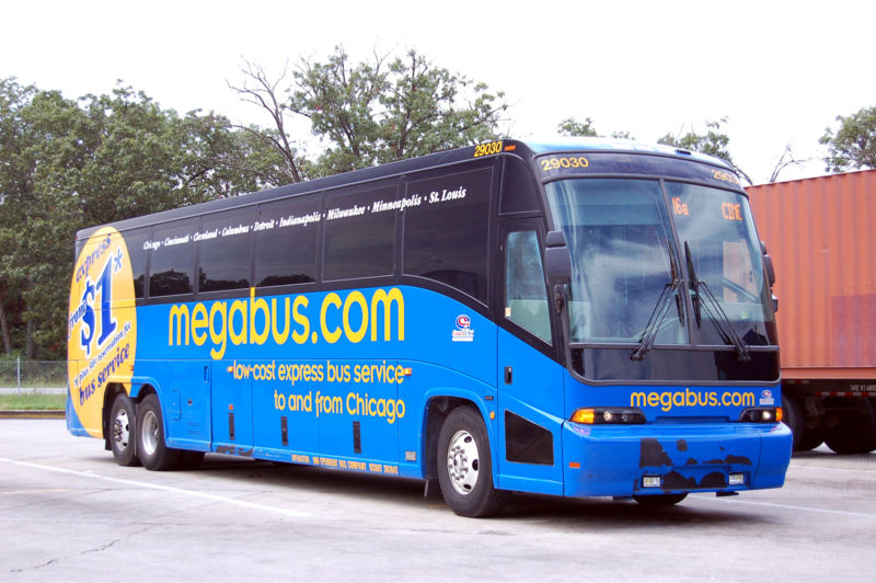 Close-up of the Megabus Chicago