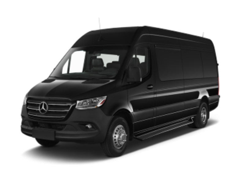 Sleek black Mercedes-Benz Sprinter van, ideal for cargo or passenger transport, showcasing modern design.