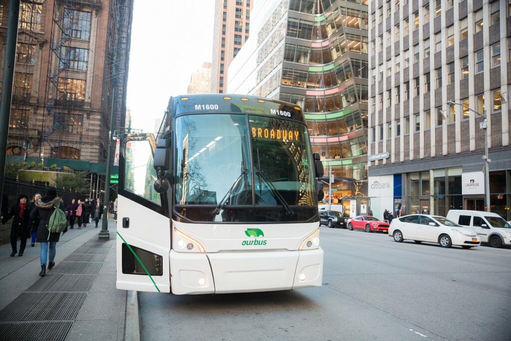 Front of the OurBus bus in New York