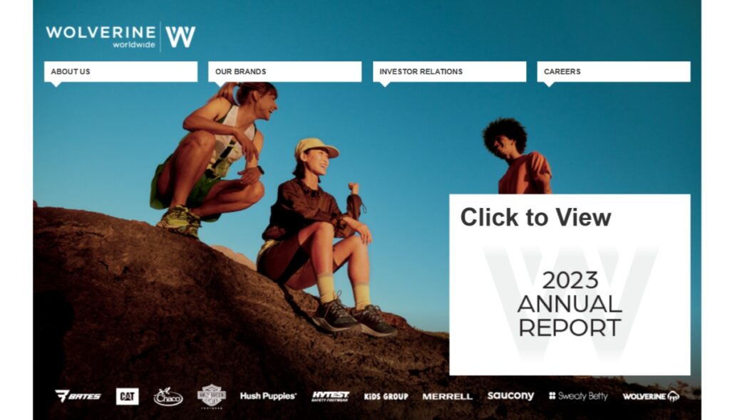 Outdoor adventure scene with people exploring, promoting Wolverine Worldwide and its diverse brands.
