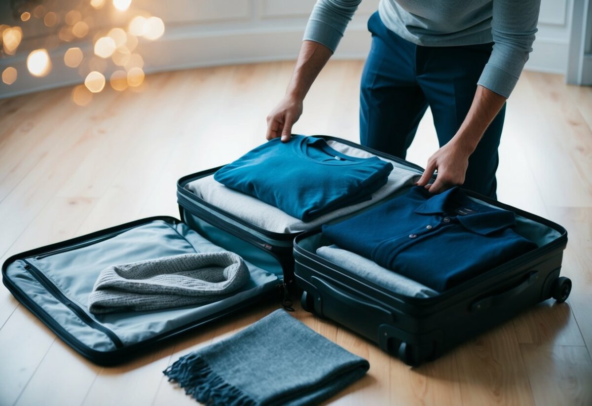 A traveler placing a t-shirt, sweater, and jacket into a suitcase, with a pair of pants and a scarf laid out nearby
