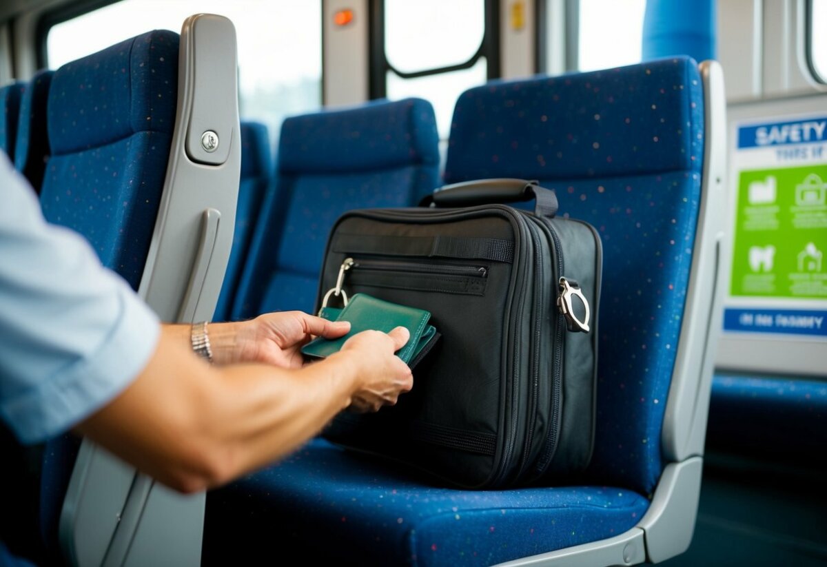 A hand placing valuables in a secure, lockable bag on a bus seat, while a nearby sign displays safety tips